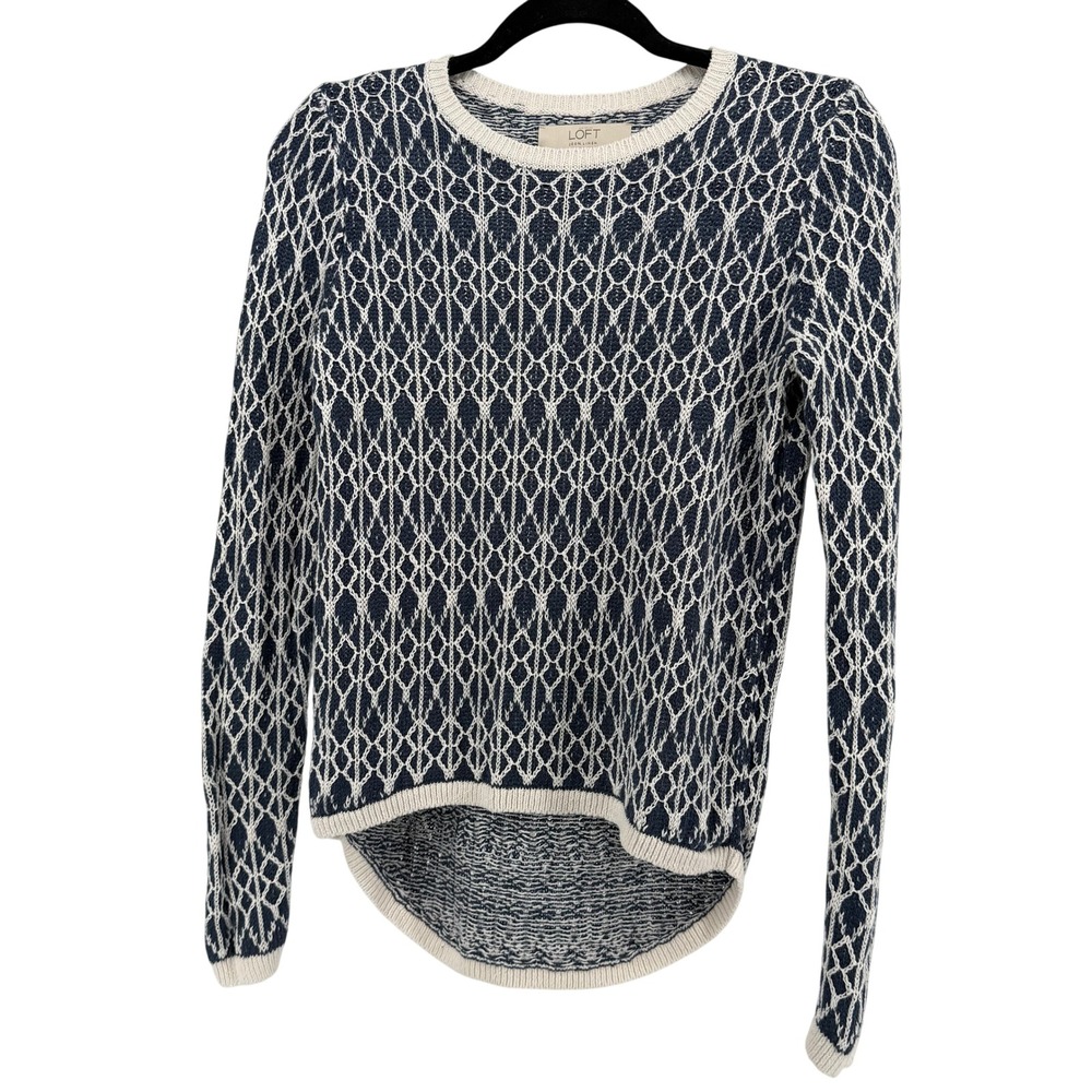 LOFT Ann Taylor 100% Linen‎ Geometric Open Knit Sweater XS Coastal Chic